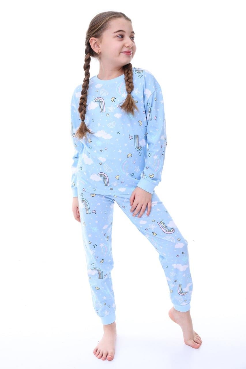 Kız Çocuk 3-13 Yaş Gökkuşağı Pijama Takımı  Mavi 31230-35208 