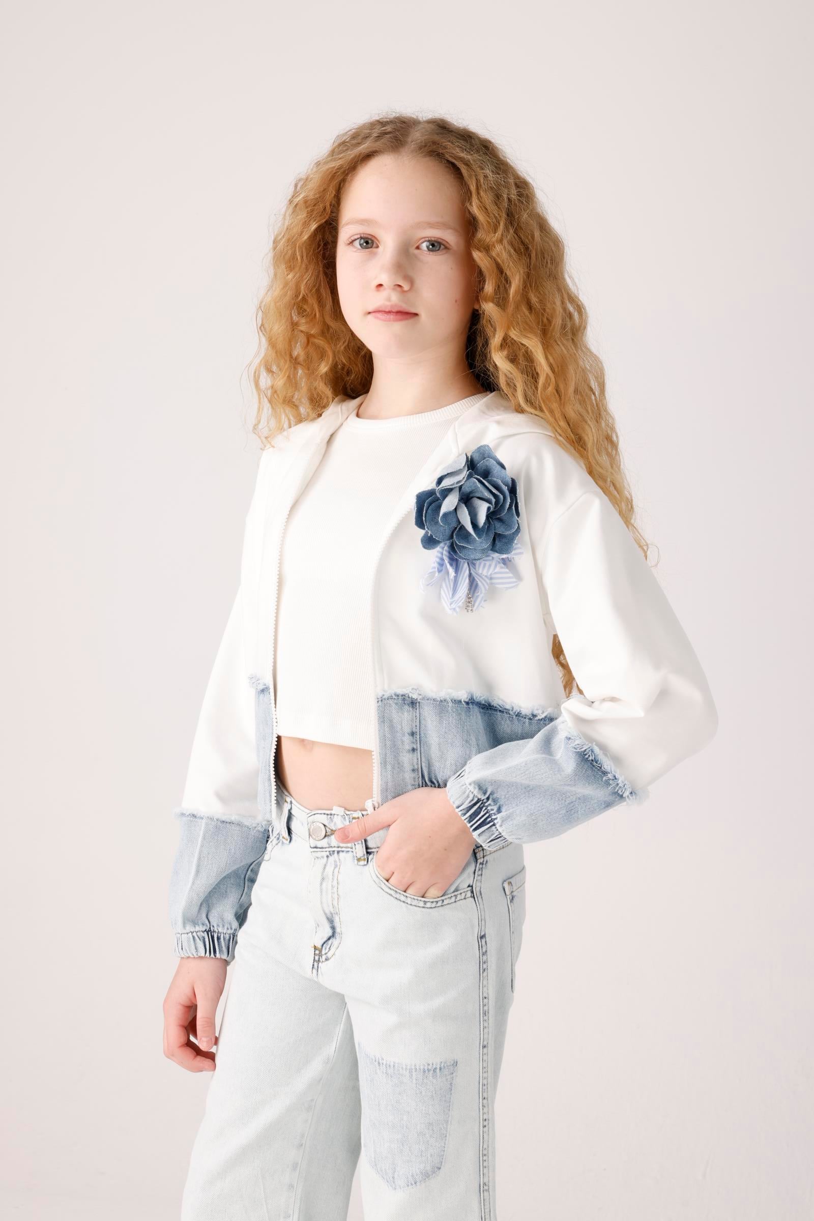 Kız Çocuk 3-14 Denim Parçalı Sweat Ekru J14042-43