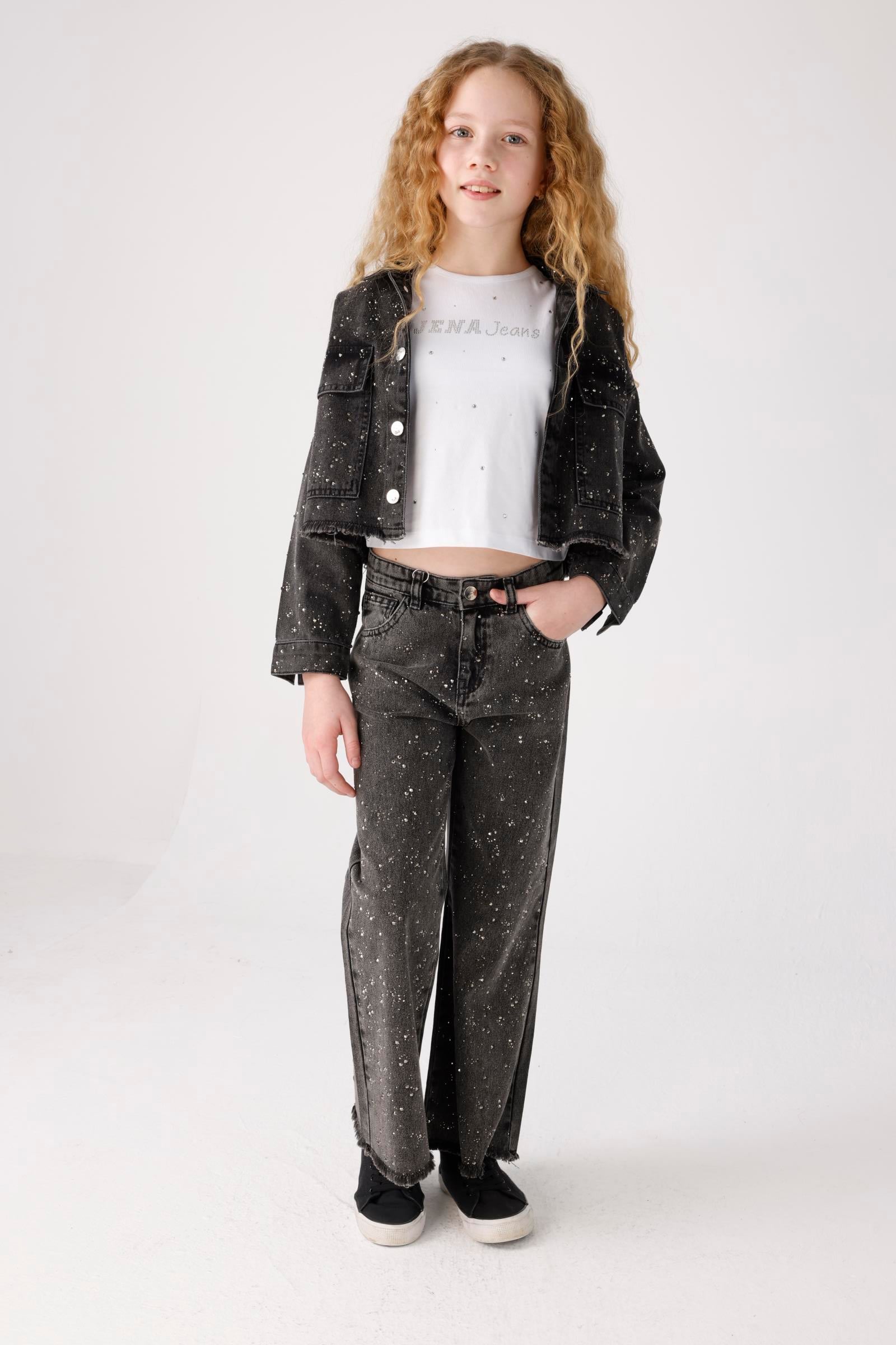 Kız Çocuk 3-14 Diamond Denim Taşlı Pantolon  Siyah J12046-47