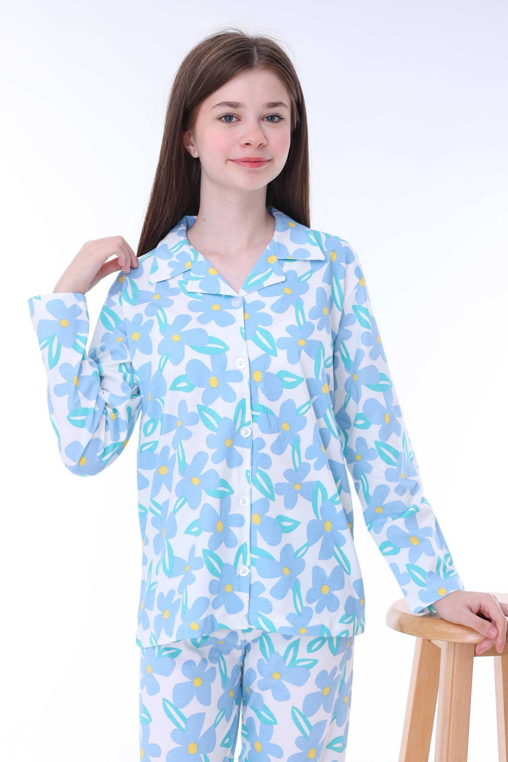 Kız Çocuk 3-8 Yaş Çiçekli Yakalı Pijama Takımı Mavi PJ-31202