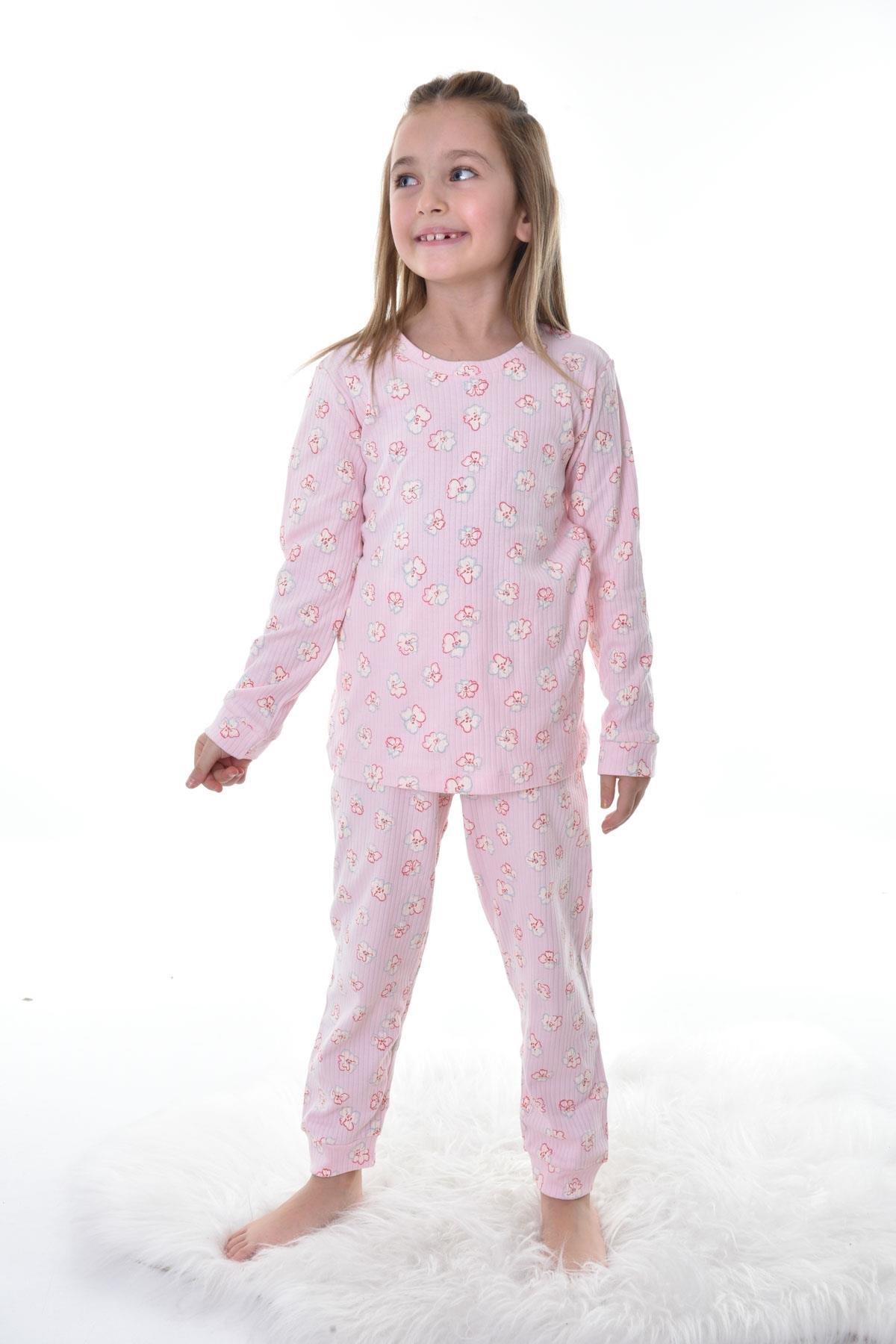 Kız Çocuk 3-8 Yaş Fitilli Çiçekli Pijama Takımı Pembe PJ-11222