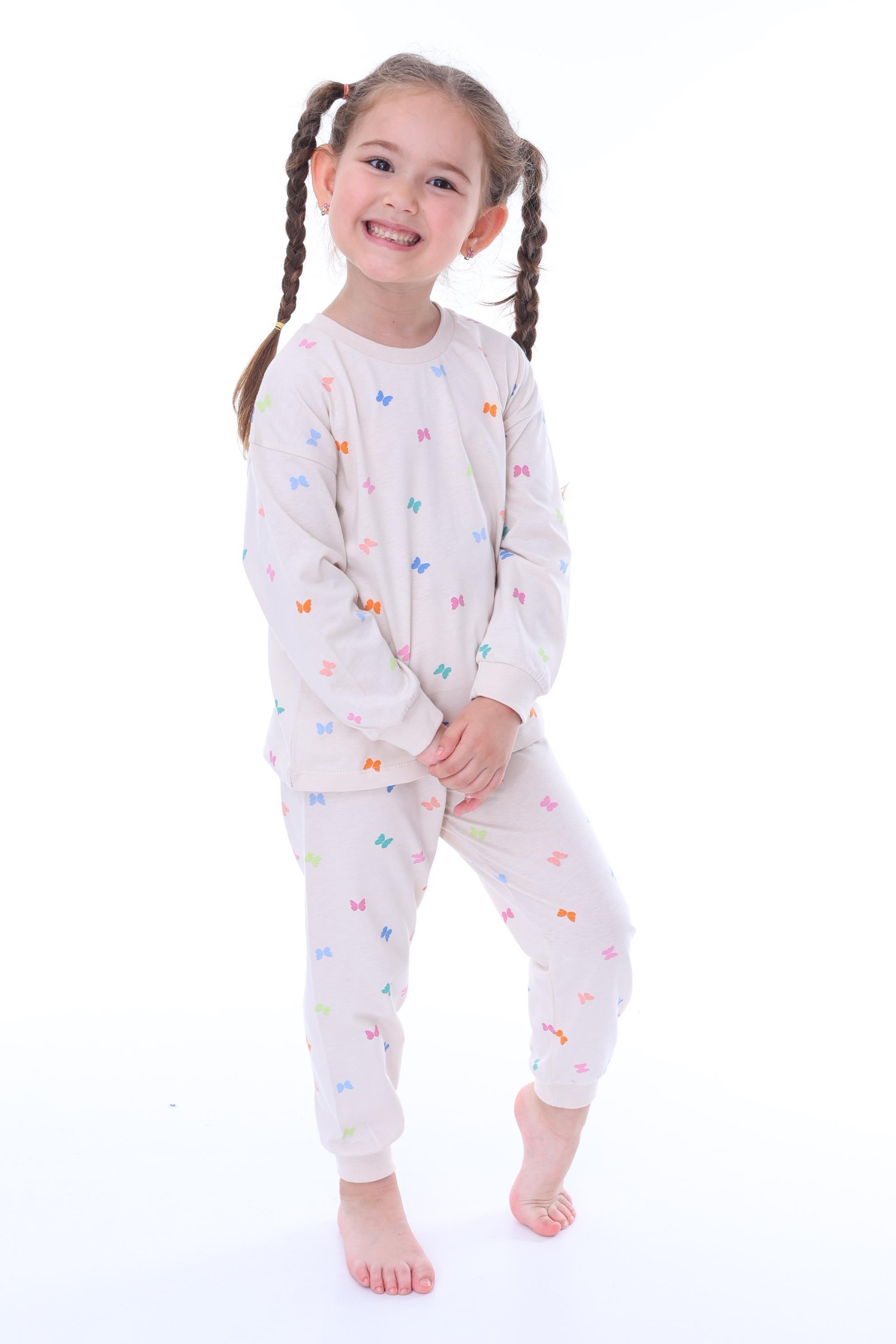 Kız Çocuk 3-8 Yaş Kelebekli Pijama Takımı Bej PJ-31207