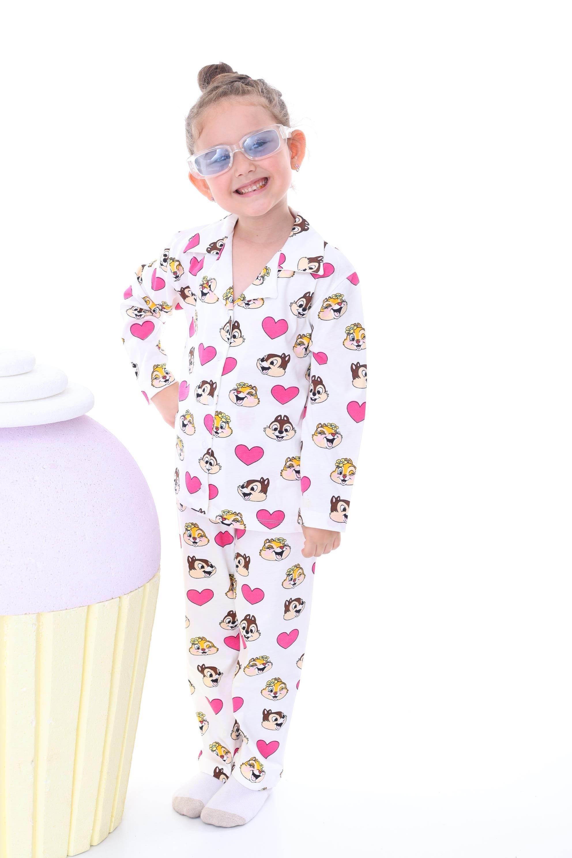 Kız Çocuk 3-8 Yaş Sincaplı Pijama Takımı Ekru PJ-31202
