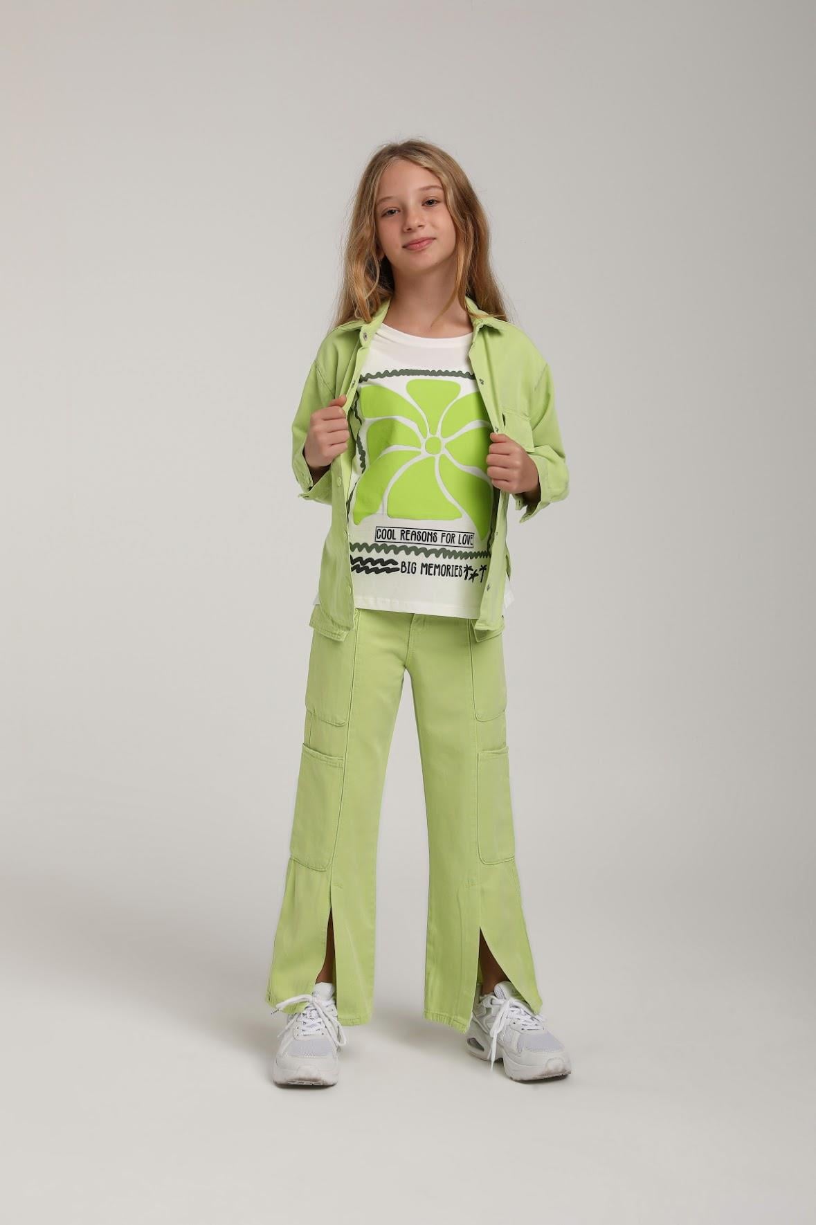 Kız Çocuk 5-9 Yaş T-shirt Neon Yeşil Beyaz 35927