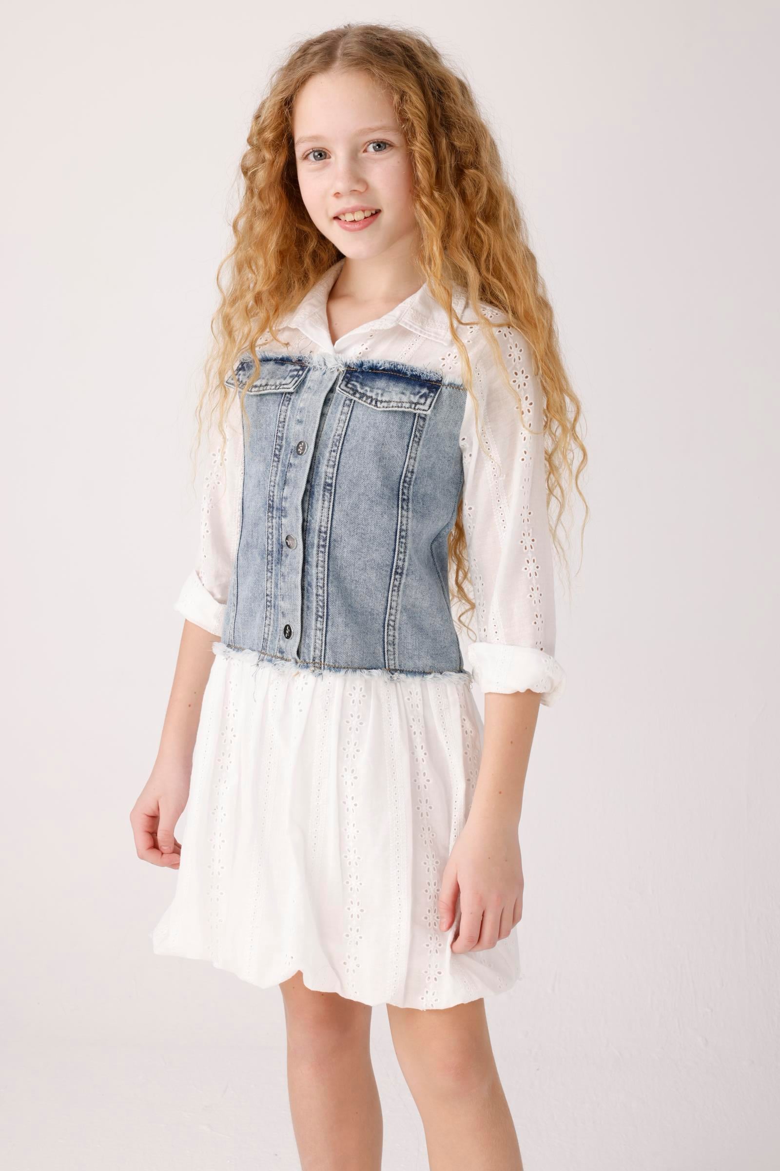 Kız Çocuk 7-14 Yaş Denim Parçalı Fisto Elbise  Beyaz J40032