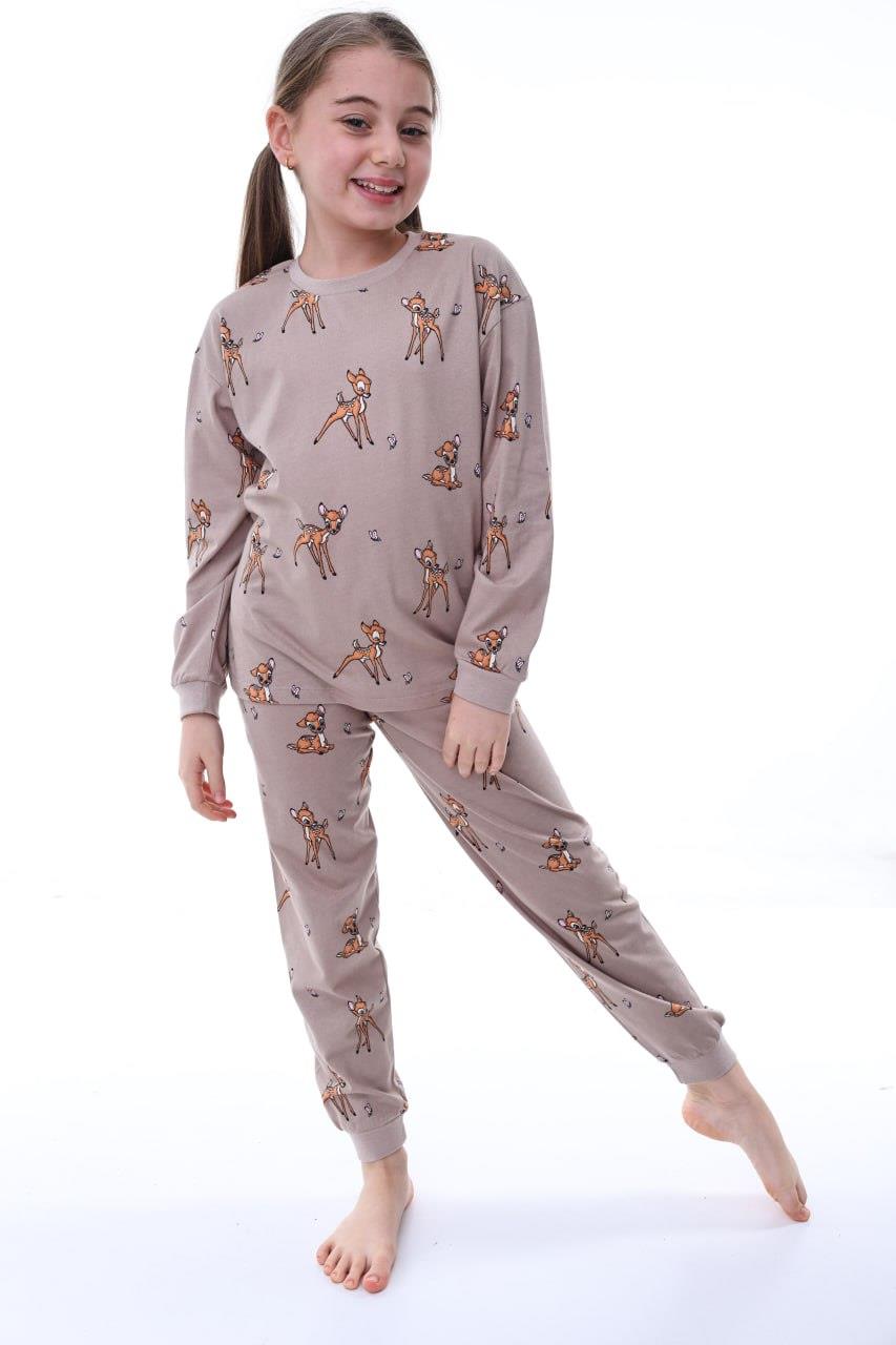 Kız Çocuk 8-13 Yaş Ceylanlı Pijama Takımı Vizon 35207 