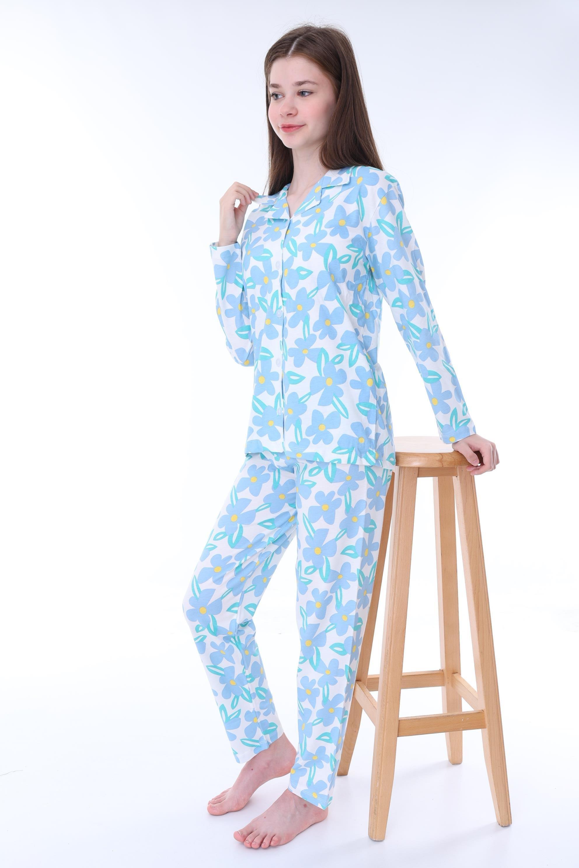 Kız Çocuk 8-13 Yaş Çiçekli Yakalı Pijama Takımı Mavi PJ-35201