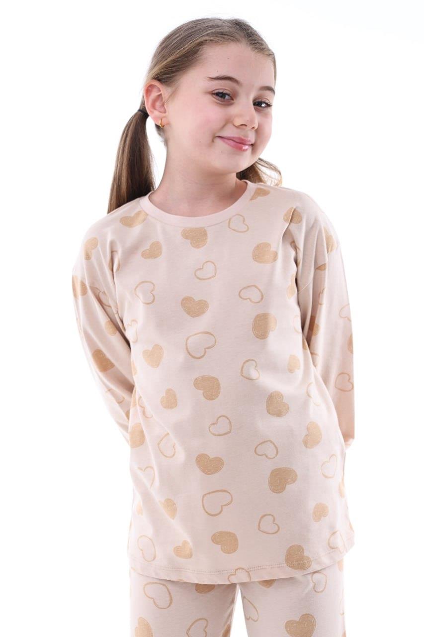 Kız Çocuk 9-13 Yaş Kalpli Pijama Takımı Vizon 35206 