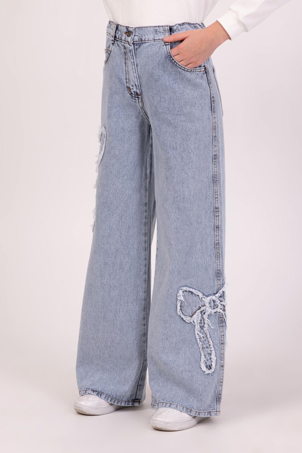Kız Çocuk 9-15 Yaş Fiyonklu Kot Pantolon  Bol Paça Mavi 9826