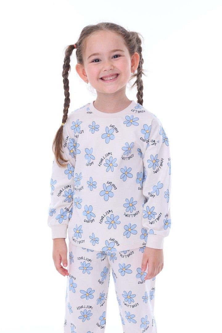 Kız Çocuk 9 Ay-3 Yaş Mavi Çiçekli Pijama Takımı 33202 