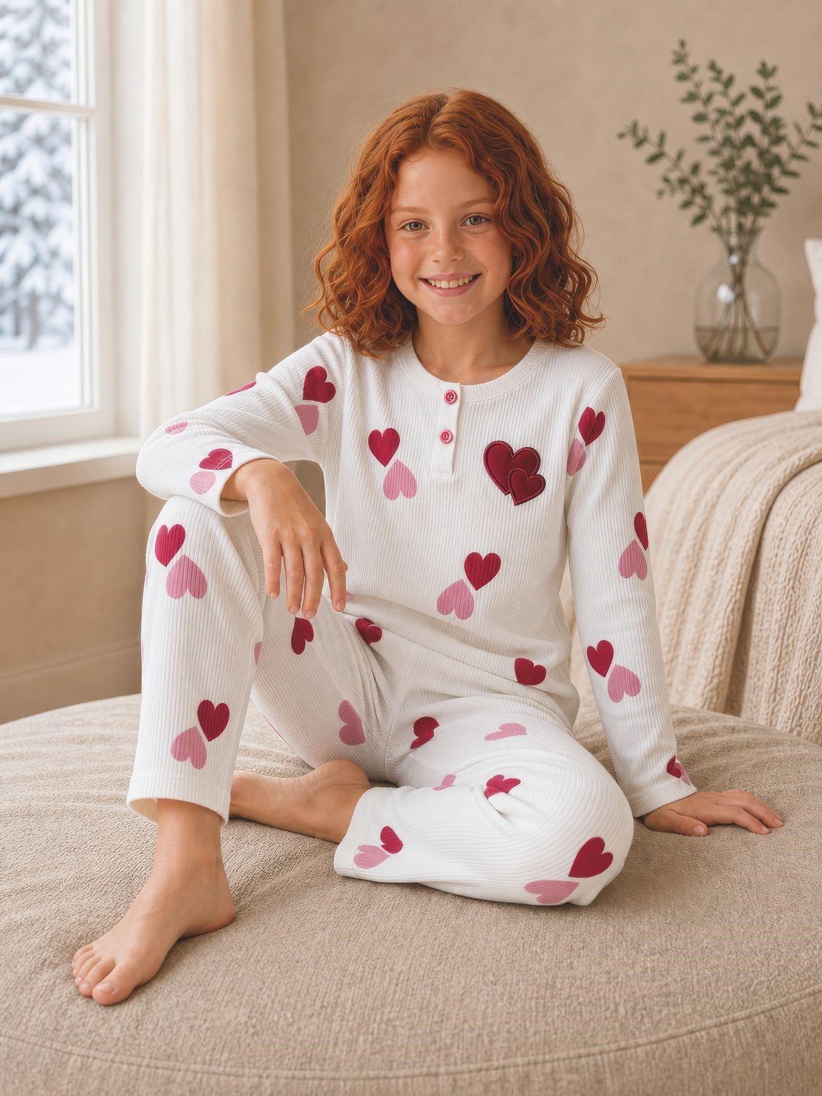 Kız Çocuk Pijama Takım 10-15 Yaş 6708 Kalpli Ekru