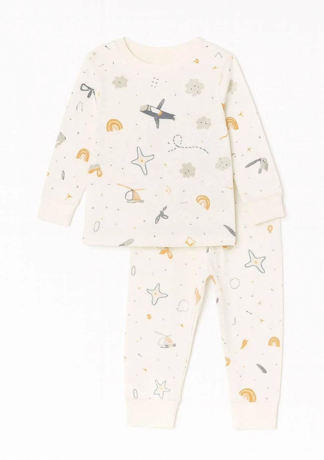 Little Lune Uçak  Desenli Pijama Takımı Ekru