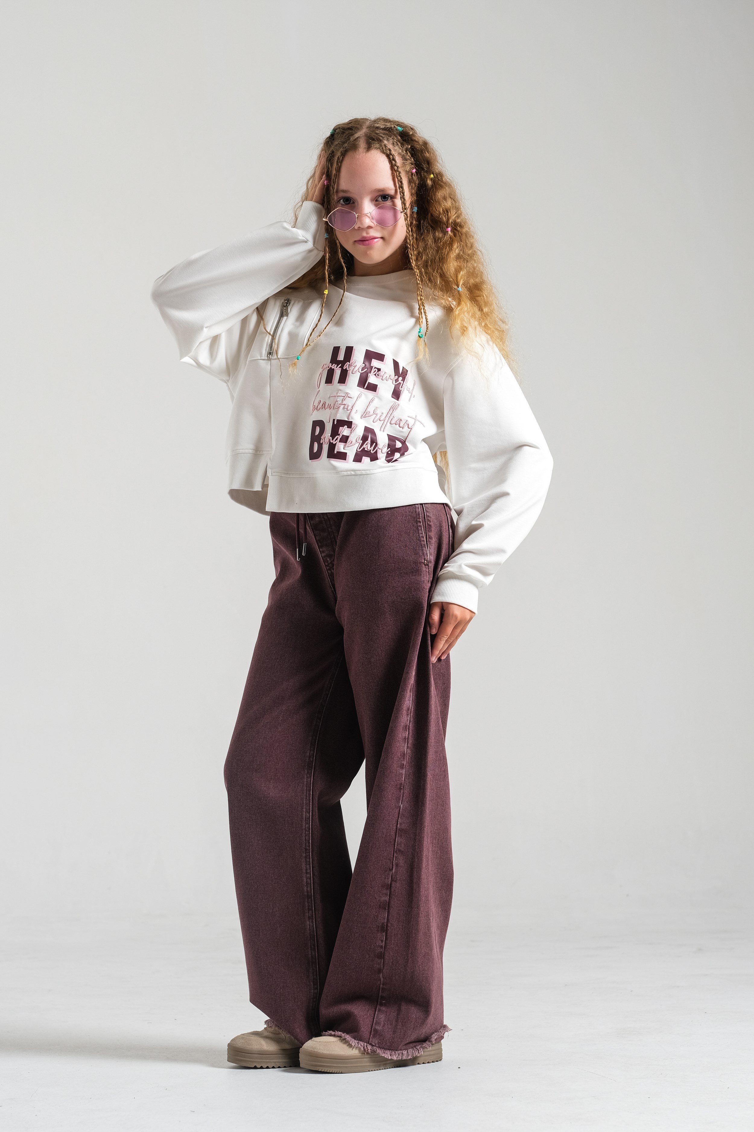 Loco Kız 8859 Fermuaralı Cep Detaylı Sweat Ekru Mor