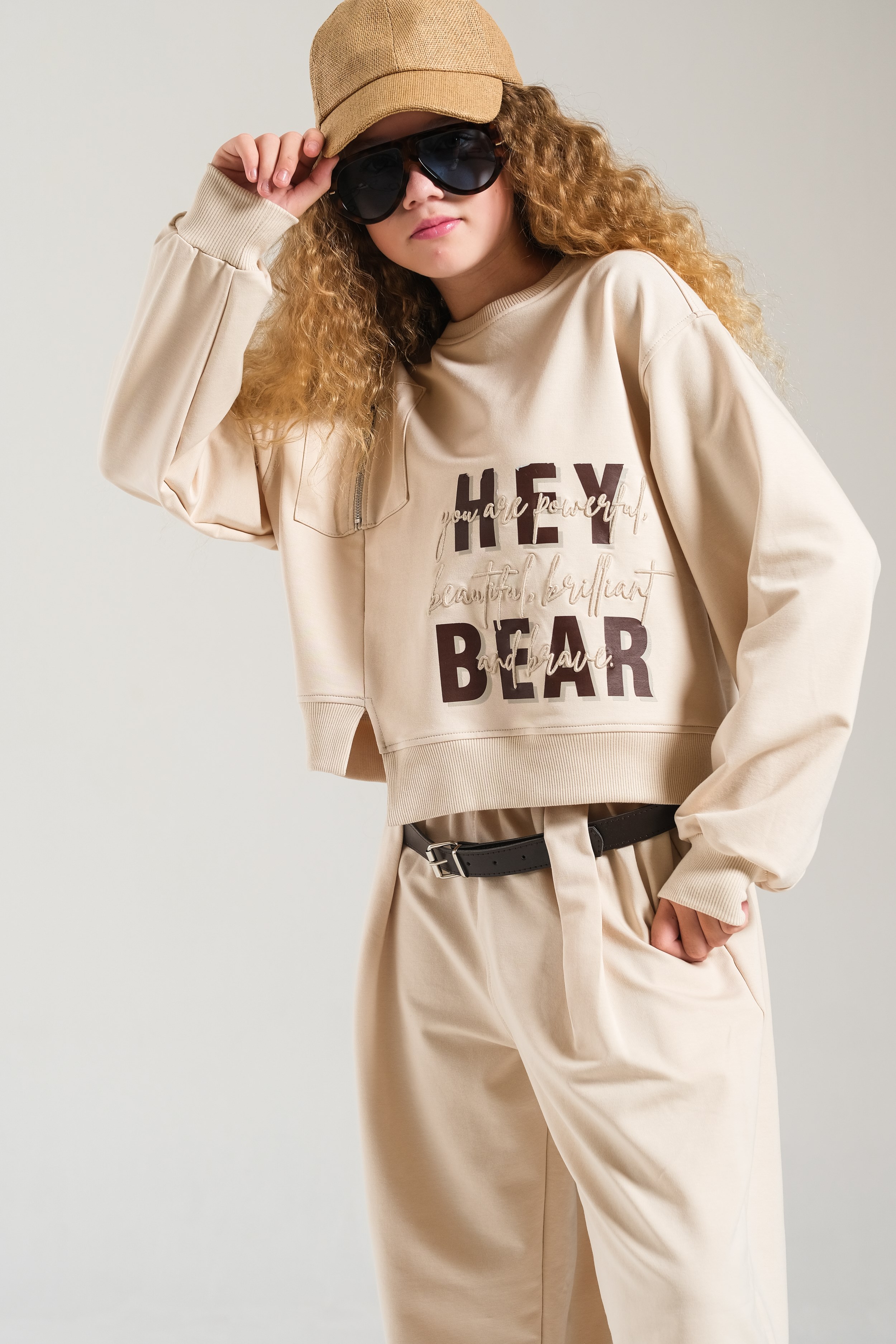 Loco Kız 8859 Fermuaralı Cep Detaylı Sweat Bej