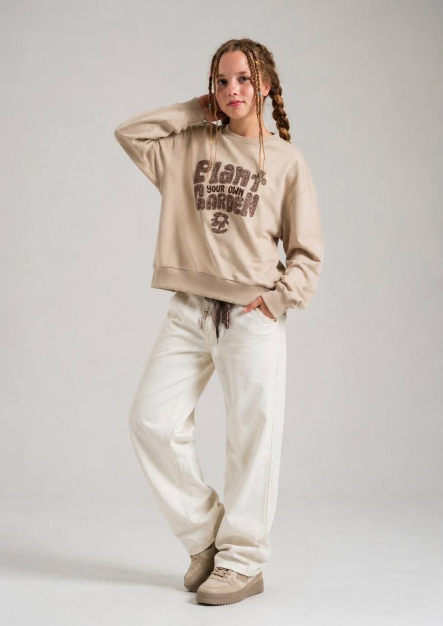 Loco Kız 8885 Bocuk Detaylı Sweat Açık Bej