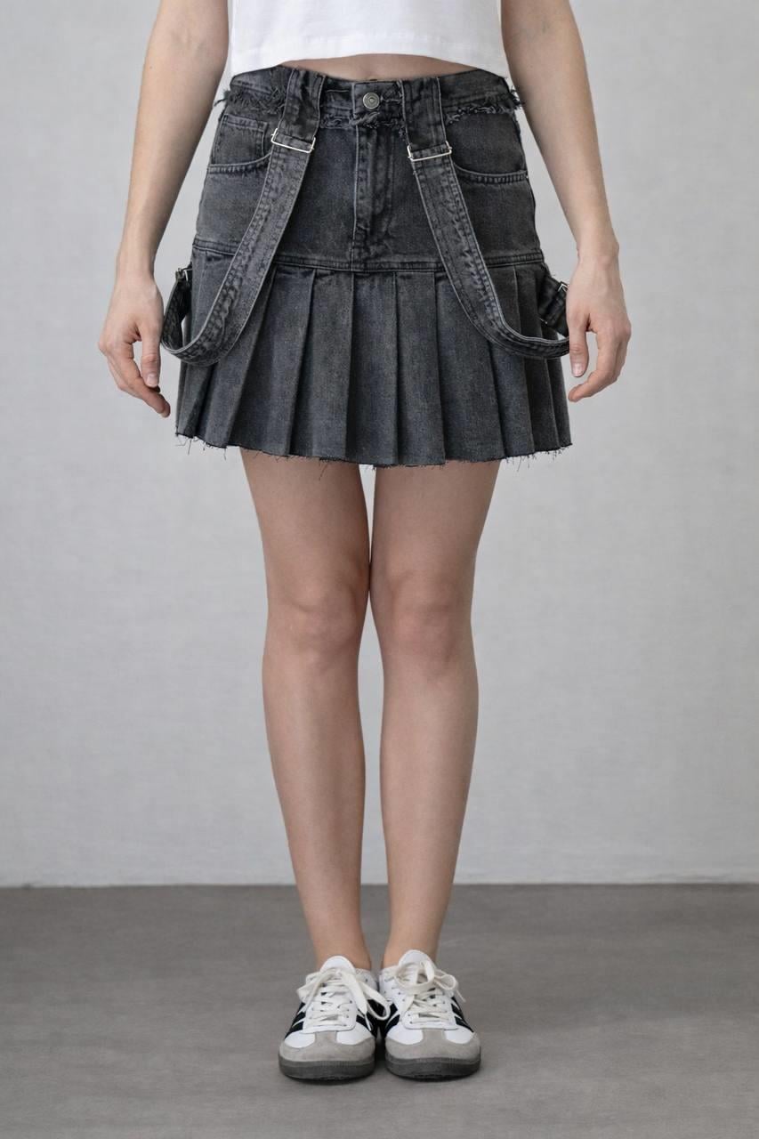 Loco Kız Çocuk 8-15 7525 Askılı Pileli Denim  Etek Antrasit