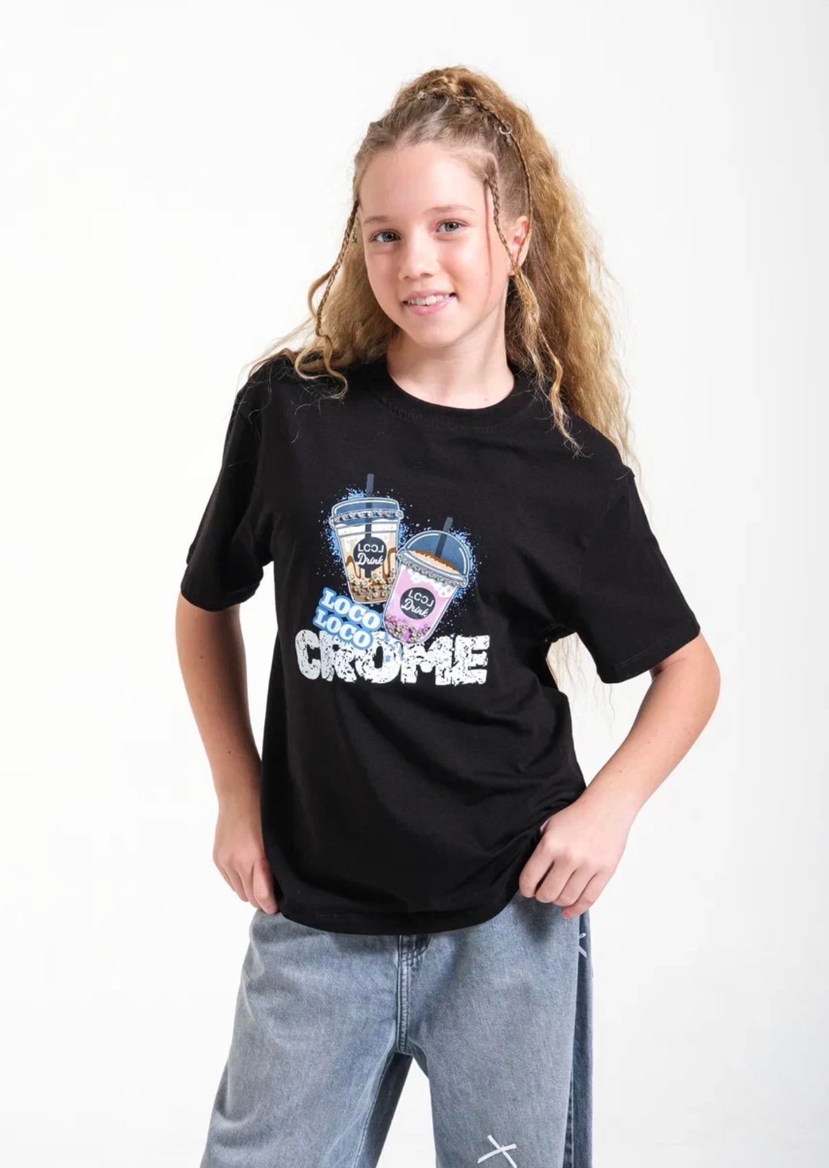 Loco Kız Çocuk 8-15 Yaş 8634 Crome Baskılı Tişört Siyah