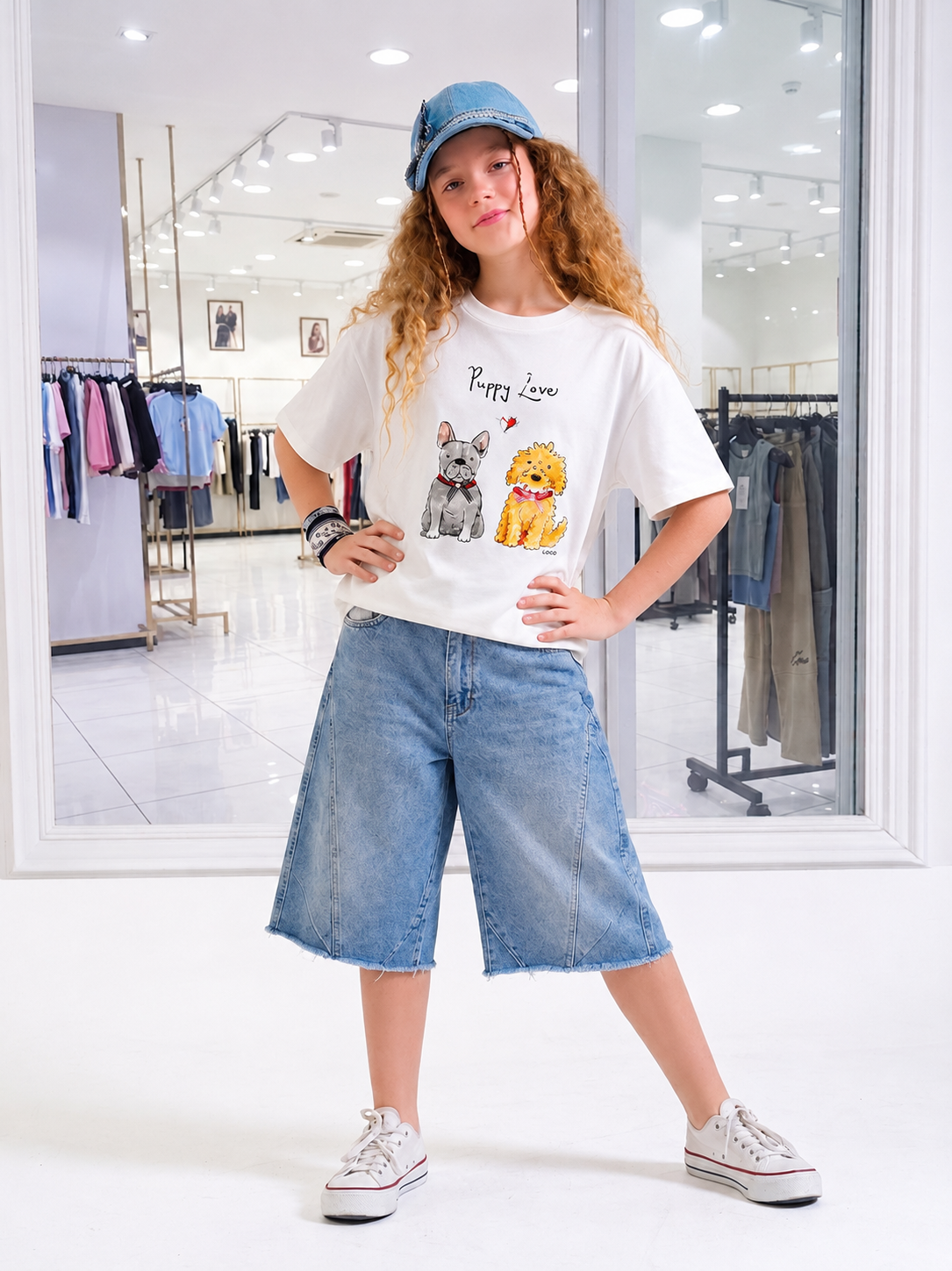 Loco Kız Çocuk 8-15 Yaş 8719 Köpek Baskılı Denim Şort Takım