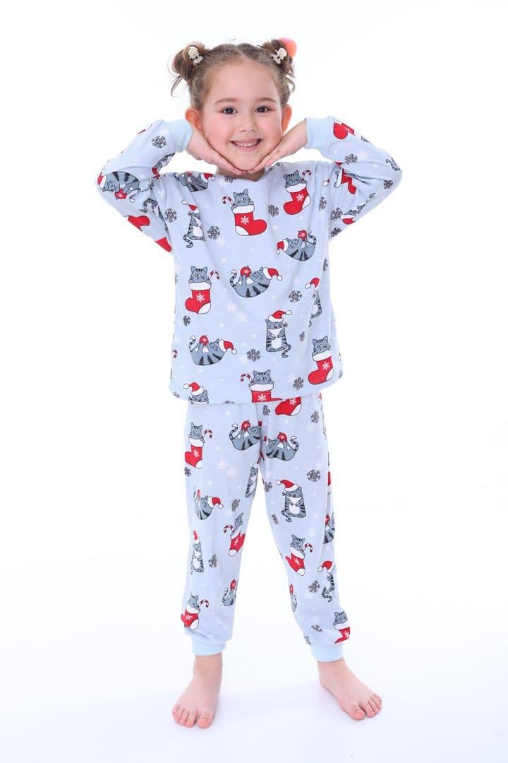 Unisex 3-8 Yaş Kedili Yeni Yıl Pijama Takımı Gri 31209