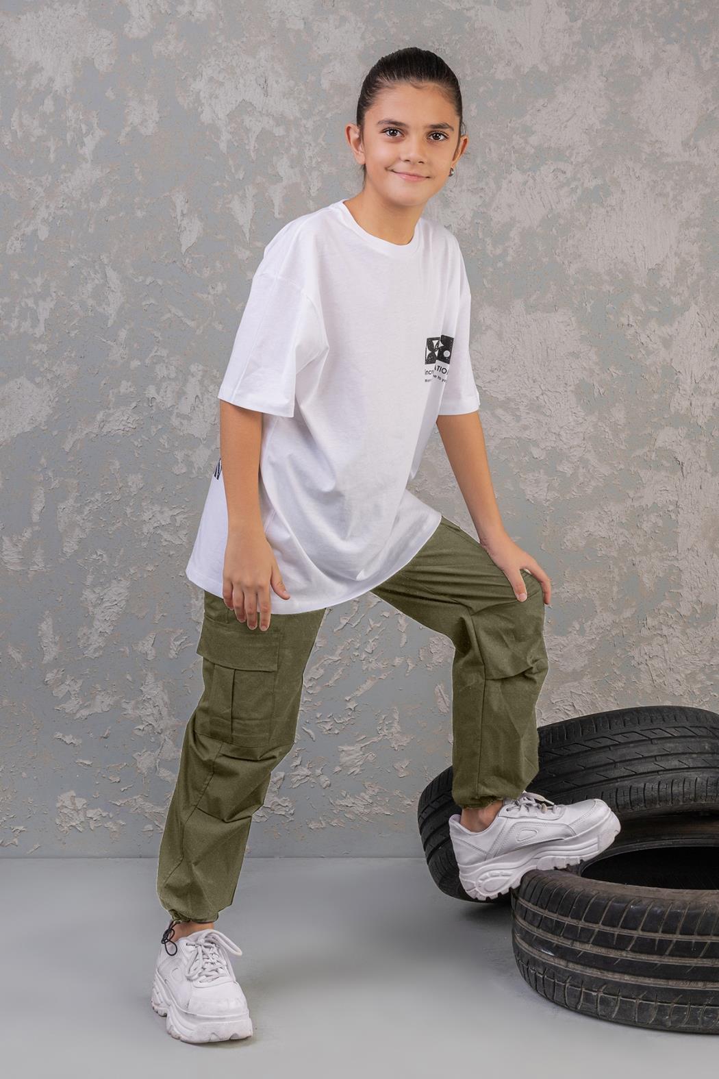 Unisex 9-14 Yaş Kargo Pantolon 7534 Yeşil