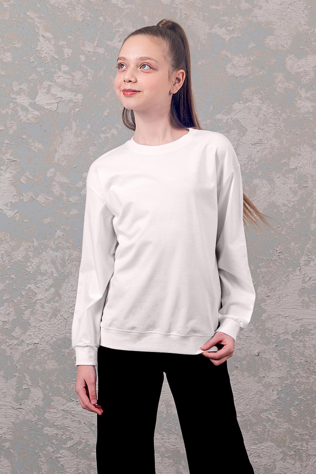 Unisex Çocuk 7-15 Yaş Düz Okul Sweat 5927 Ekru