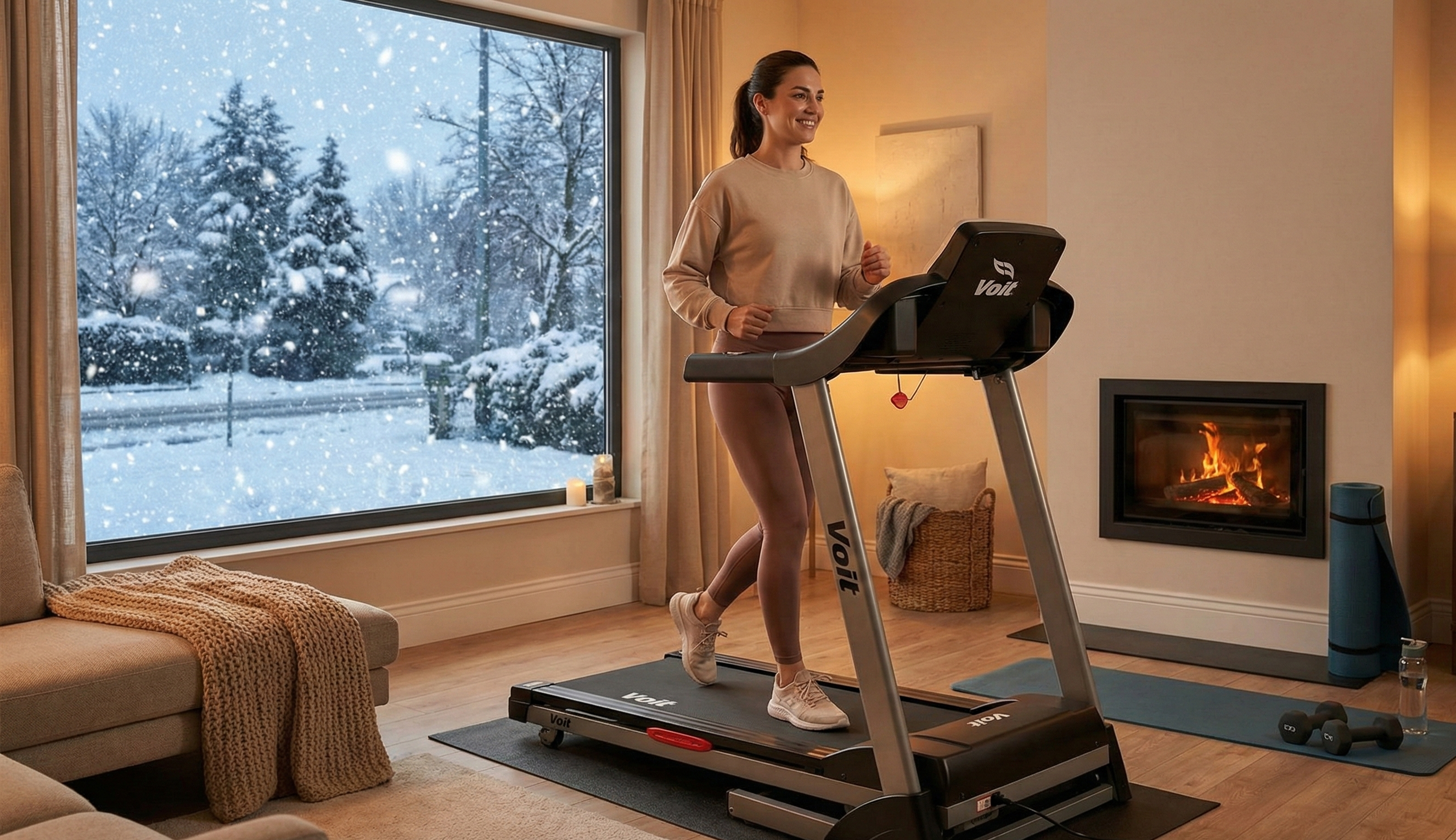 evde spor yapan kadın ve voit kondisyon aletleri