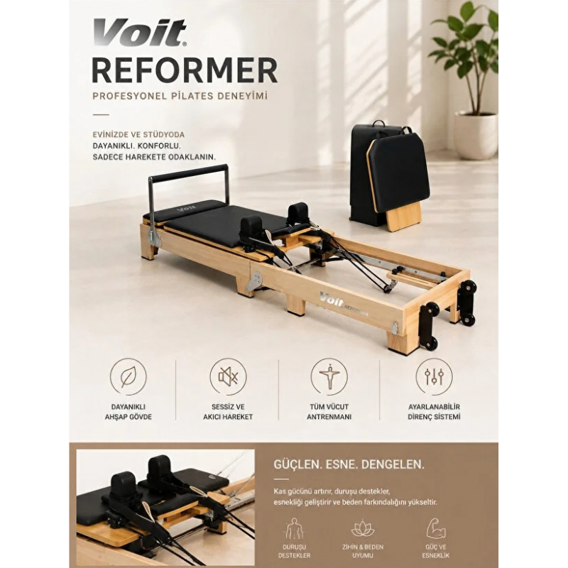 Voit Ahşap Reformer Pilates Aleti – Ev ve Stüdyo Kullanımına Uygun Profesyonel Reformer