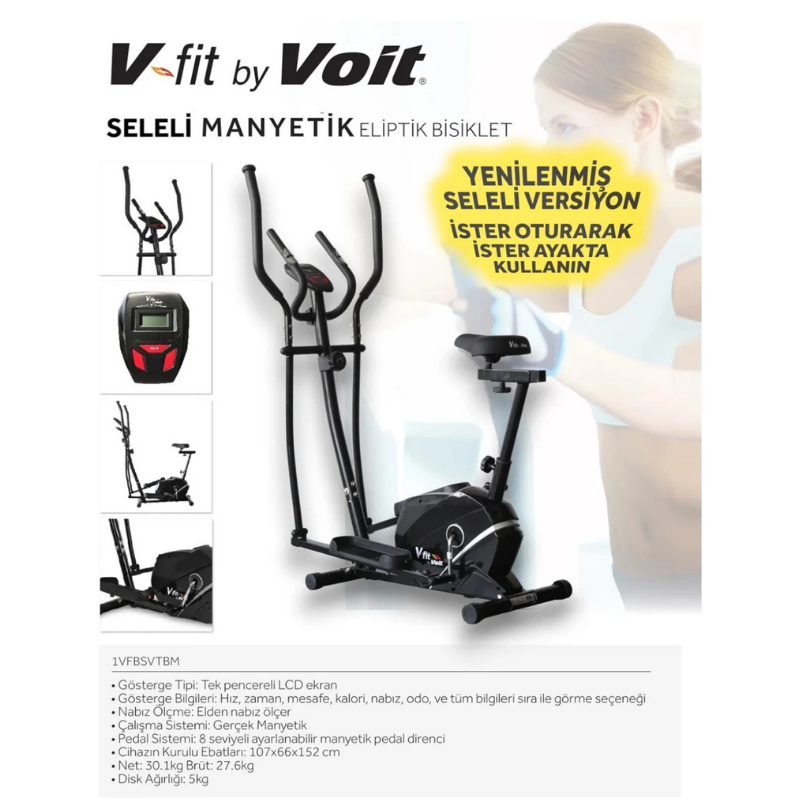 Voit V-Fit Seleli Manyetik Eliptik Bisiklet – Sessiz, Nabız Ölçerli | Oturarak & Ayakta Kullanım