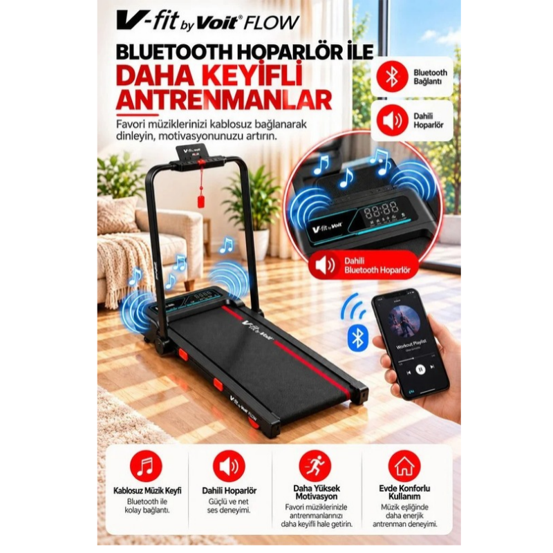 Voit Flow Katlanabilir Koşu Bandı 15 Kademe Otomatik Eğim Bluetooth 2 Hp Brushless Motor