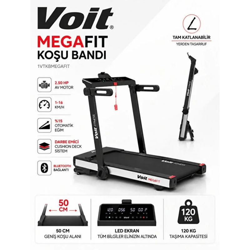 Voit Mega Fit Otomatik Eğimli 50X125 cm Geniş Bant Koşu Bandı 16KM Hız Bluetooth Uygulama Kurulum Gerektirmez