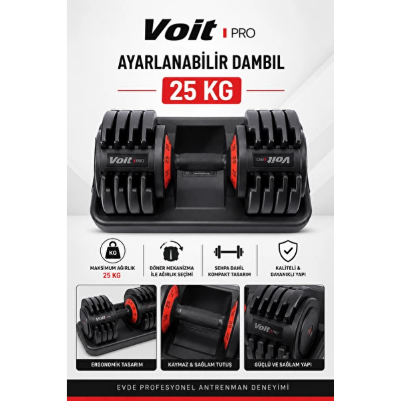 Voit Pro 25 Kg Ayarlanabilir Dambıl Seti Sehpalı Fitness Ağırlık Dumbbell Ev Tipi Spor Ekipmanı