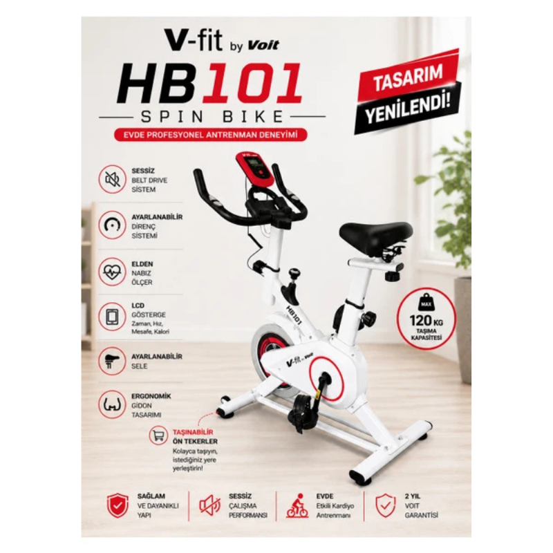 Voit V-Fit By Voit HB101 Beyaz Spin Bike Taşınabilir, Direnci Ayarlanabilir, Elden Nabız Ölçer, Sessiz Çalışır