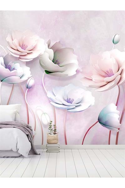 3 boyutlu, çiçekler duvar kağıdı, lila, pembe, mavi renkli, yatak odası duvar kağıdı, modern desenli