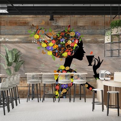 Dreamwall Renkli Çiçekli Kahve İçen Kadın Desenli Silinebilir Kumaş Duvar Kağıdı