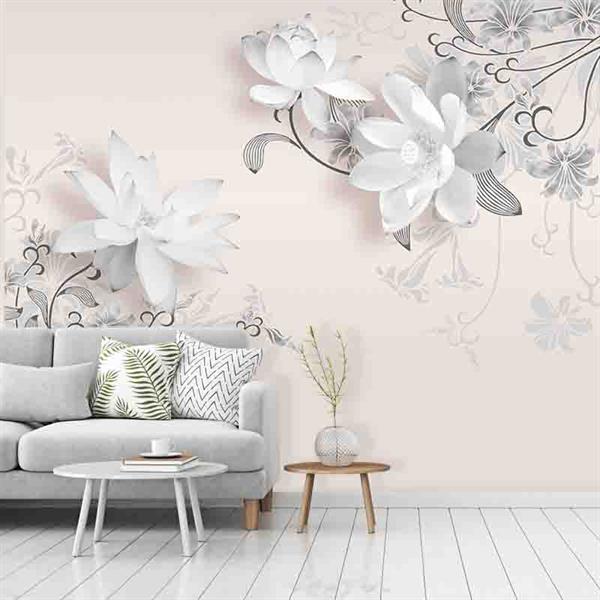 Beyaz Çiçekler Desenli Silinebilir Sağlıklı Tekstil Duvar Kağıdı