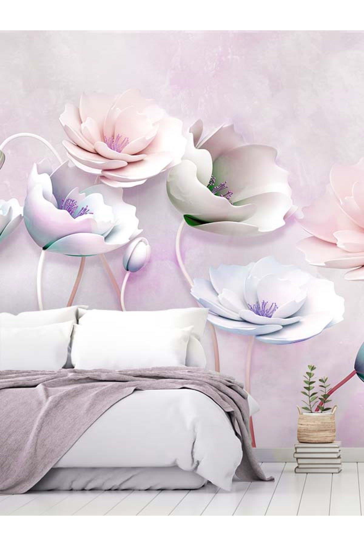 3 boyutlu, çiçekler duvar kağıdı, lila, pembe, mavi renkli, yatak odası duvar  kağıdı, modern desenli