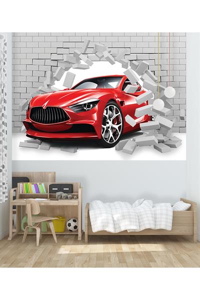 3 boyutlu, kırmızı araba duvar kağıdı, tuğla desenli, çocuk odası, tekstil duvar kağıdı