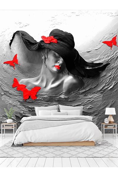 şapkalı kız duvar kağıdı,3 boyutlu, gri siyah renkli, kırmızı kelebekler, kabartma sıva desenli