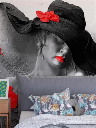 şapkalı kız duvar kağıdı,3 boyutlu, gri siyah renkli, kırmızı kelebekler, kabartma sıva desenli