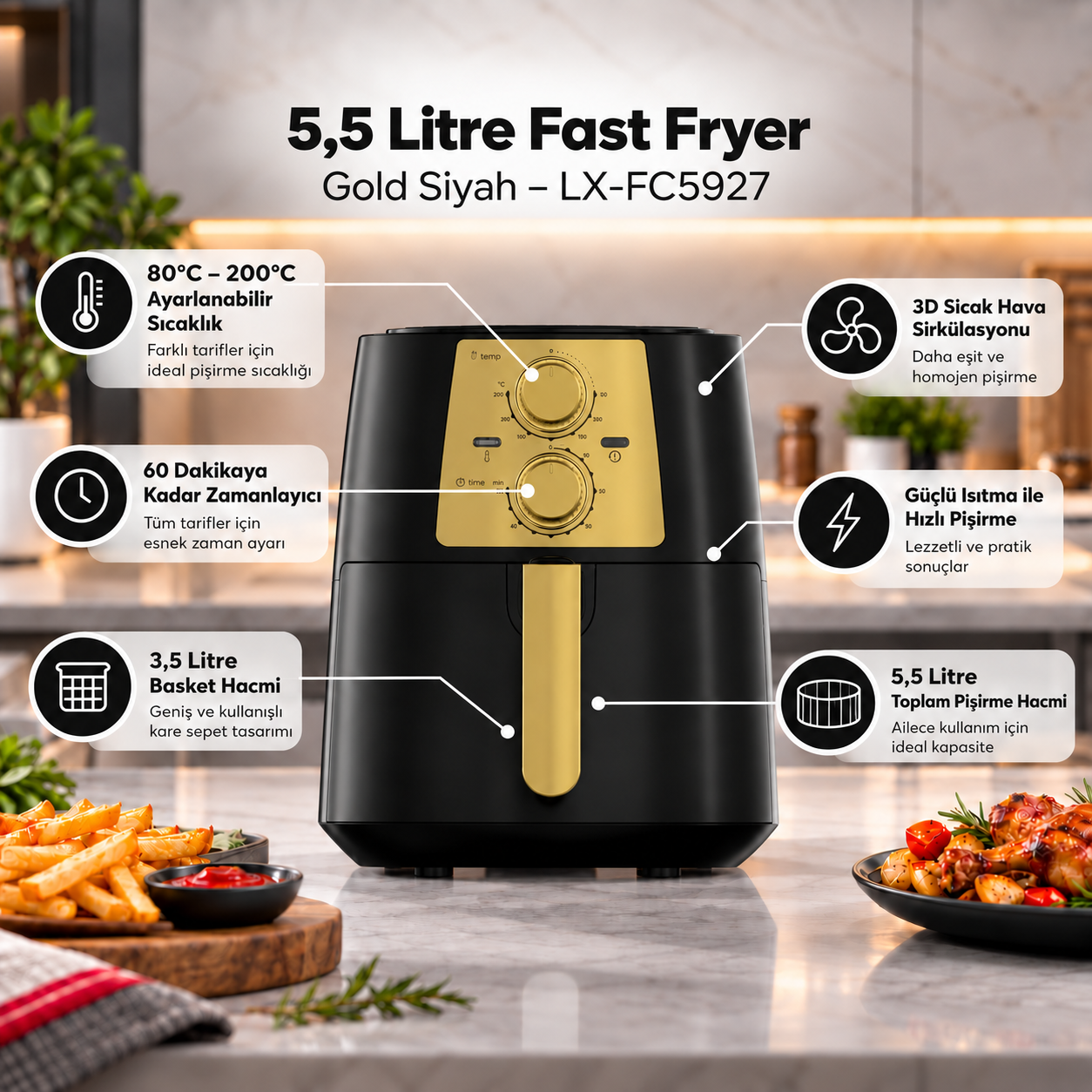 Luxell 5,5 Litre Fast Fryer  Gold Siyah – LX-FC5927