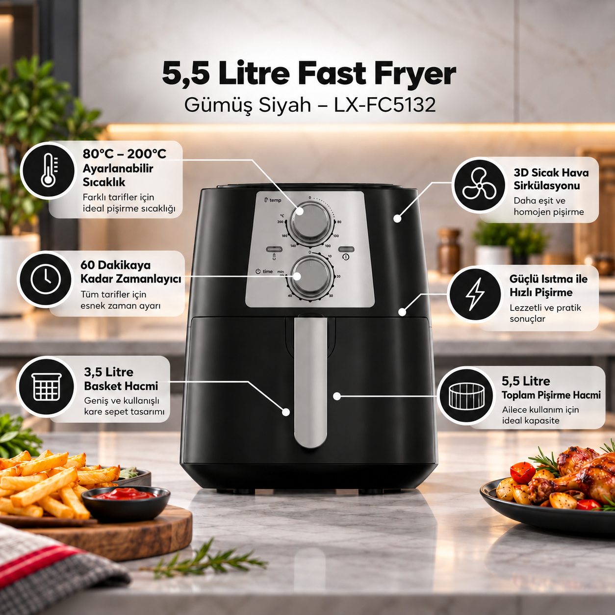 Luxell 5,5 Litre Fast Fryer  Gümüş Siyah – LX-FC5132