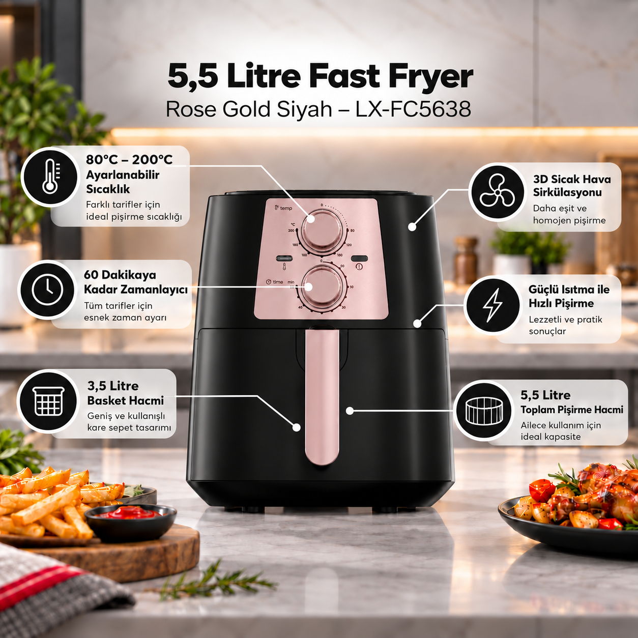 Luxell 5,5 Litre Fast Fryer  Rose Gold Siyah – LX-FC5638