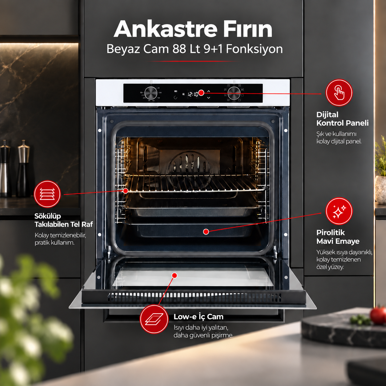 Luxell Ankastre Fırın Beyaz Cam 88 LT 9+1 Fonksiyon Dijital – A68-SGF3