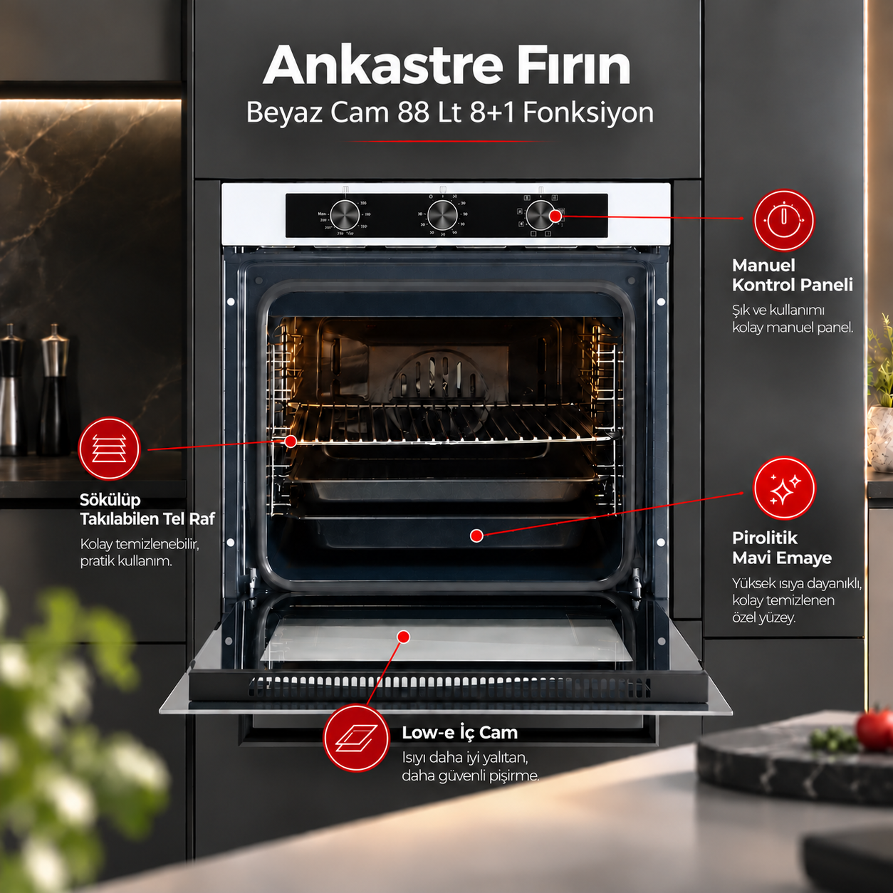 Luxell Ankastre Fırın Beyaz Cam 88 LT 8+1 Fonksiyon 3 Düğme – A68-SF3