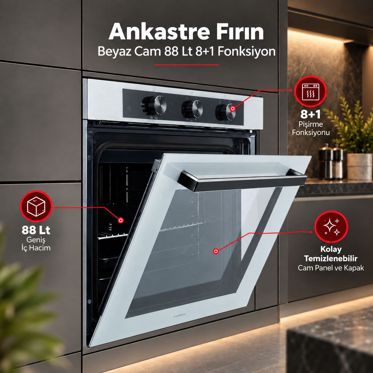 Luxell Ankastre Fırın Beyaz Cam 88 LT 8+1 Fonksiyon 3 Düğme – A68-SF3