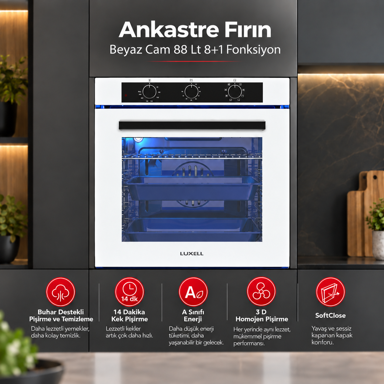 Luxell Ankastre Fırın Beyaz Cam 88 LT 8+1 Fonksiyon 3 Düğme – A68-SF3