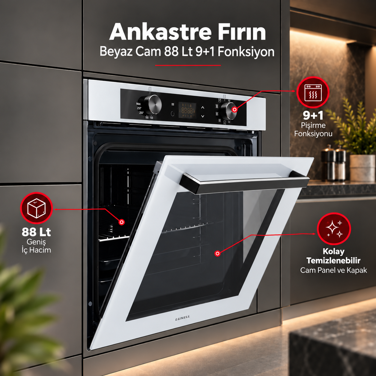 Luxell Ankastre Fırın Beyaz Cam 88 LT 9+1 Fonksiyon Dijital – A68-SGF3