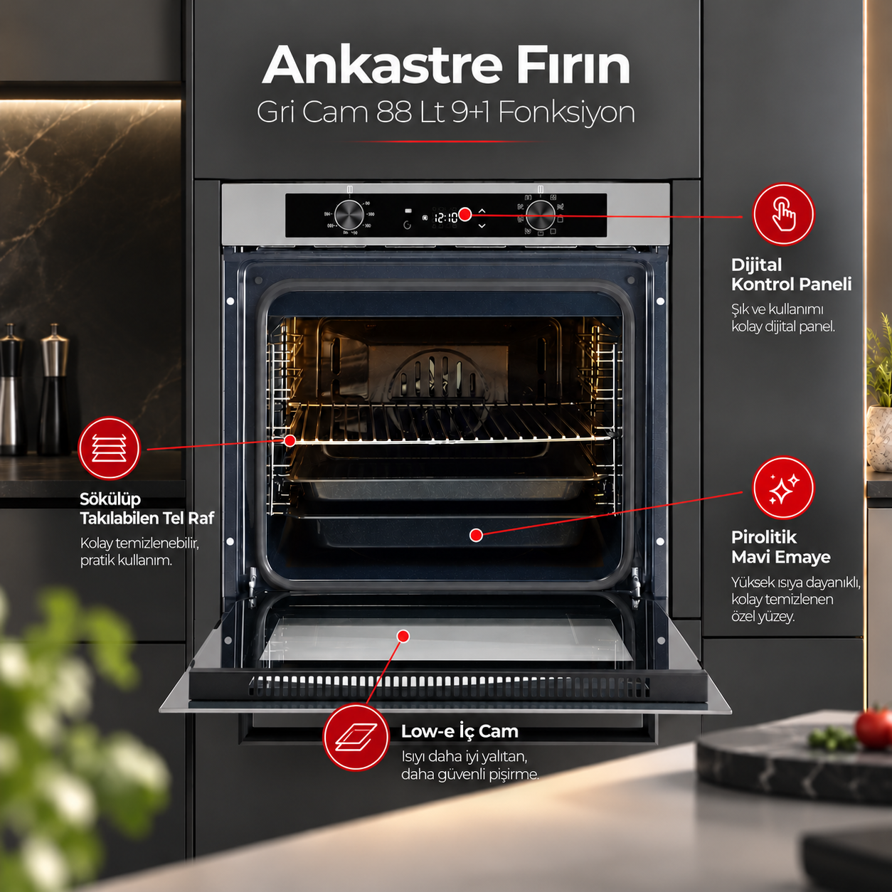 Luxell Ankastre Fırın Gri Cam 88 Lt 9+1 Fonksiyon Dijital – A68-SGF3