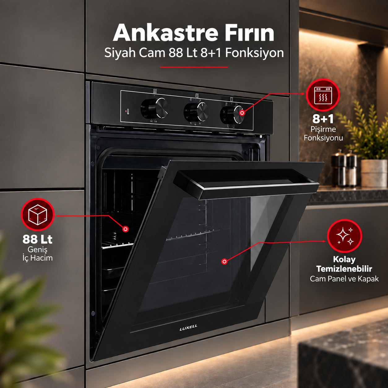 Luxell Ankastre Fırın Siyah Cam 88 Lt 8+1 Fonksiyon 3 Düğme – A68-SF3
