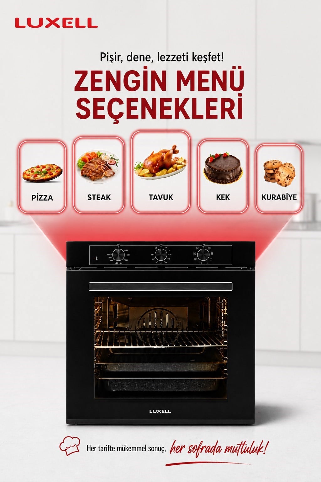 Luxell Ankastre Fırın Siyah Cam 88 Lt 8+1 Fonksiyon 3 Düğme – A68-SF3